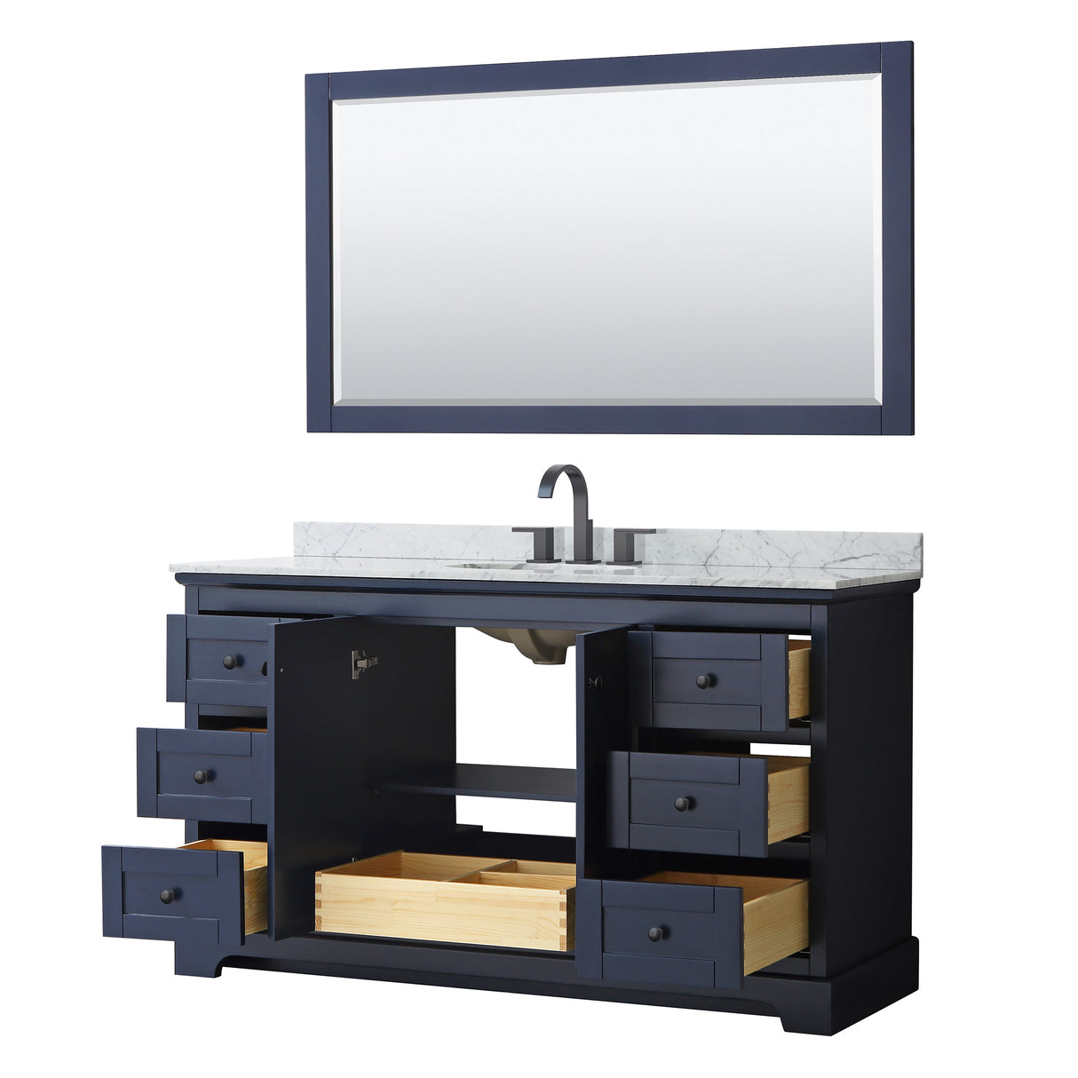 Avery 60 Inch Single Bathroom Vanity in Dark Blue White Carrara Marble Countertop Undermount Oval Sink Matte Black Trim 58 Inch Mirror