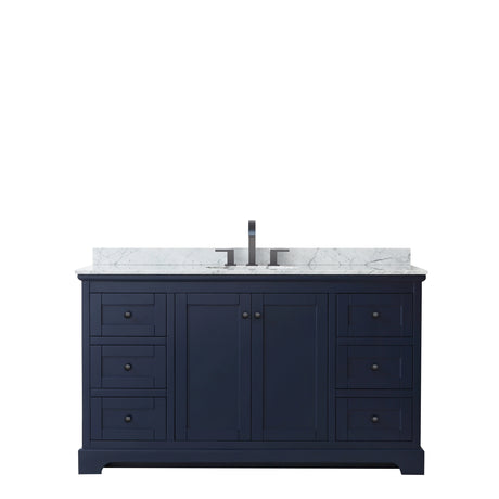 Avery 60 Inch Single Bathroom Vanity in Dark Blue White Carrara Marble Countertop Undermount Oval Sink Matte Black Trim