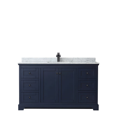 Avery 60 Inch Single Bathroom Vanity in Dark Blue White Carrara Marble Countertop Undermount Square Sink Matte Black Trim