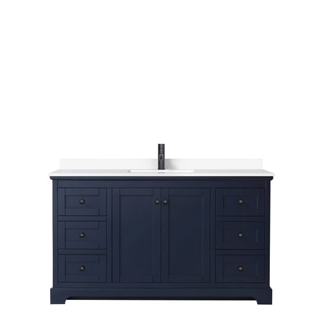 Avery 60 Inch Single Bathroom Vanity in Dark Blue White Cultured Marble Countertop Undermount Square Sink Matte Black Trim