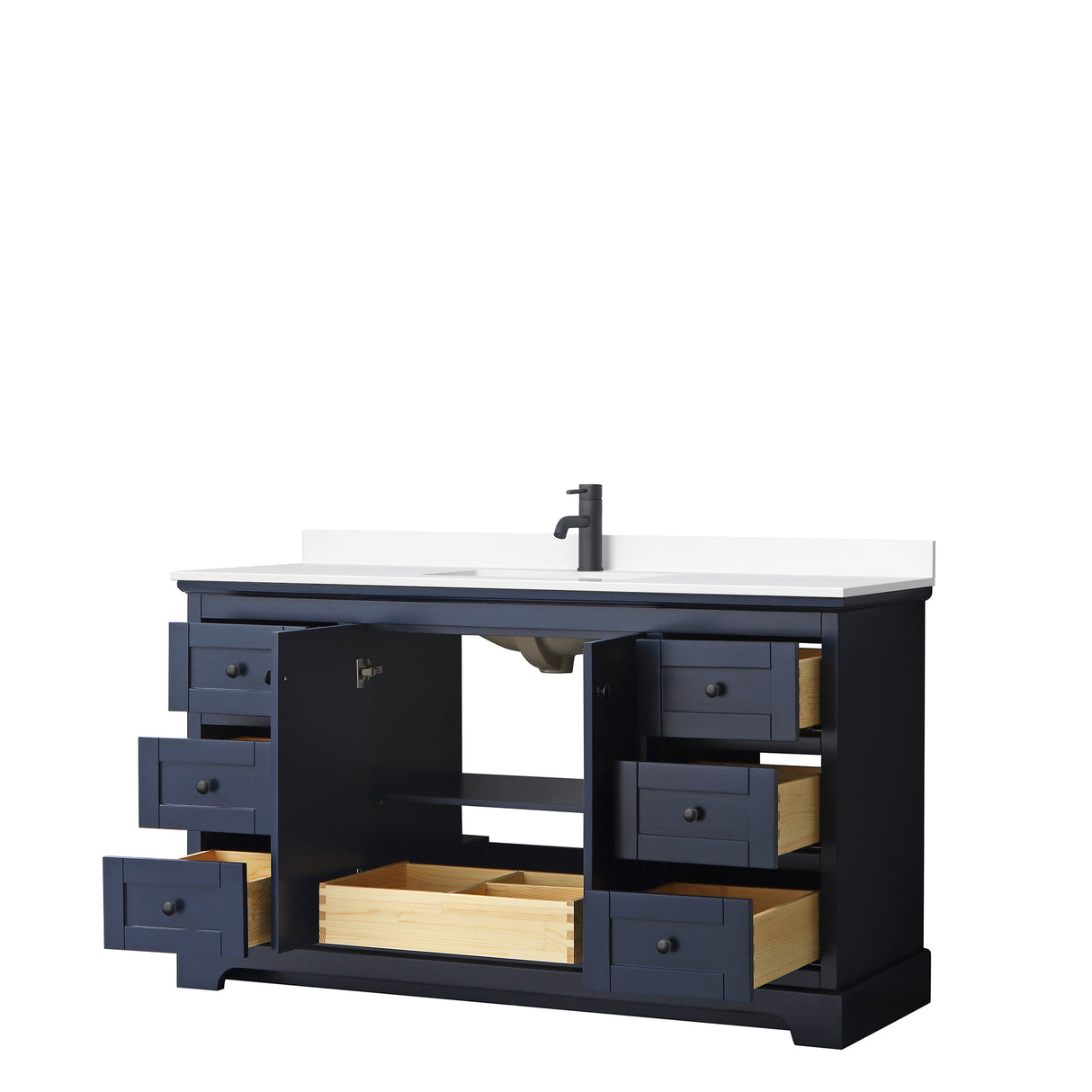 Avery 60 Inch Single Bathroom Vanity in Dark Blue White Cultured Marble Countertop Undermount Square Sink Matte Black Trim