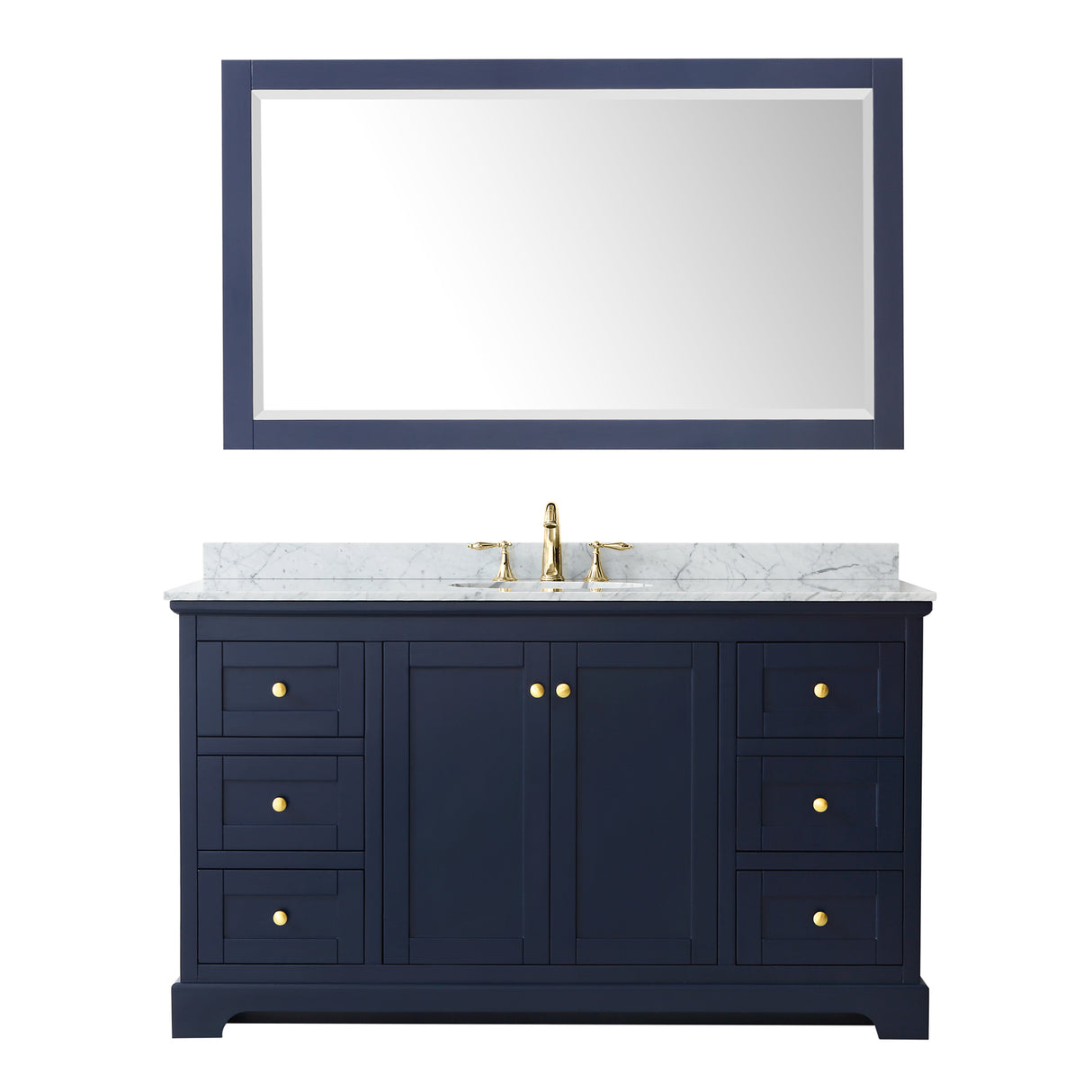Avery 60 Inch Single Bathroom Vanity in Dark Blue White Carrara Marble Countertop Undermount Oval Sink and 58 Inch Mirror