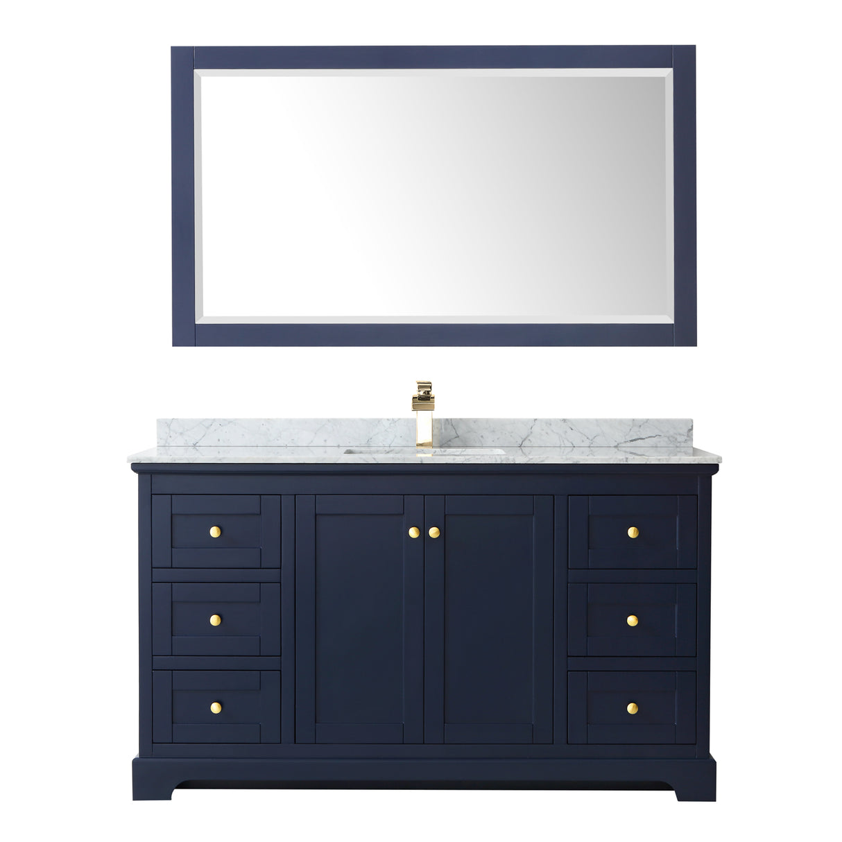 Avery 60 Inch Single Bathroom Vanity in Dark Blue White Carrara Marble Countertop Undermount Square Sink and 58 Inch Mirror