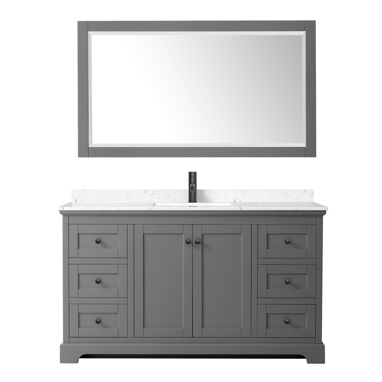 Avery 60 Inch Single Bathroom Vanity in Dark Gray Carrara Cultured Marble Countertop Undermount Square Sink Matte Black Trim 58 Inch Mirror
