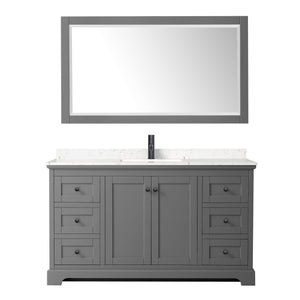 Avery 60 Inch Single Bathroom Vanity in Dark Gray Carrara Cultured Marble Countertop Undermount Square Sink Matte Black Trim 58 Inch Mirror