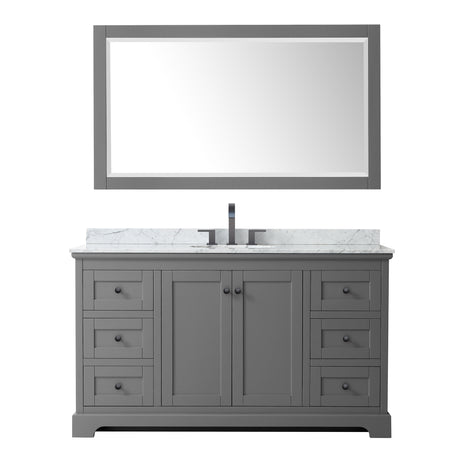 Avery 60 Inch Single Bathroom Vanity in Dark Gray White Carrara Marble Countertop Undermount Oval Sink Matte Black Trim 58 Inch Mirror