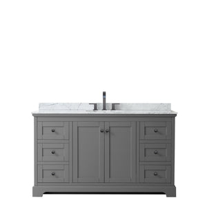 Avery 60 Inch Single Bathroom Vanity in Dark Gray White Carrara Marble Countertop Undermount Oval Sink Matte Black Trim