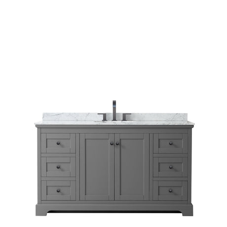 Avery 60 Inch Single Bathroom Vanity in Dark Gray White Carrara Marble Countertop Undermount Oval Sink Matte Black Trim
