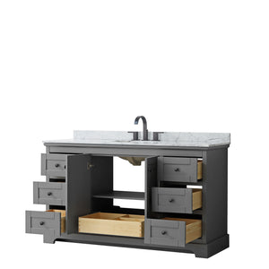 Avery 60 Inch Single Bathroom Vanity in Dark Gray White Carrara Marble Countertop Undermount Oval Sink Matte Black Trim