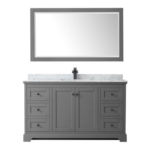Avery 60 Inch Single Bathroom Vanity in Dark Gray White Carrara Marble Countertop Undermount Square Sink Matte Black Trim 58 Inch Mirror