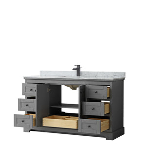 Avery 60 Inch Single Bathroom Vanity in Dark Gray White Carrara Marble Countertop Undermount Square Sink Matte Black Trim