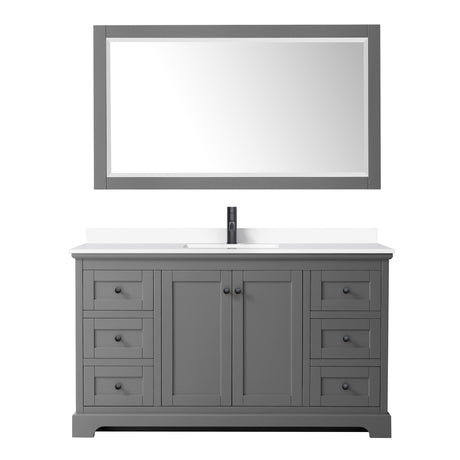 Avery 60 Inch Single Bathroom Vanity in Dark Gray White Cultured Marble Countertop Undermount Square Sink Matte Black Trim 58 Inch Mirror