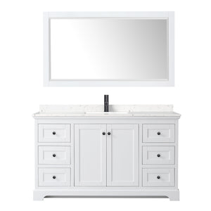 Avery 60 Inch Single Bathroom Vanity in White Carrara Cultured Marble Countertop Undermount Square Sink Matte Black Trim 58 Inch Mirror