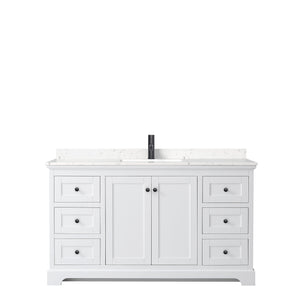 Avery 60 Inch Single Bathroom Vanity in White Carrara Cultured Marble Countertop Undermount Square Sink Matte Black Trim