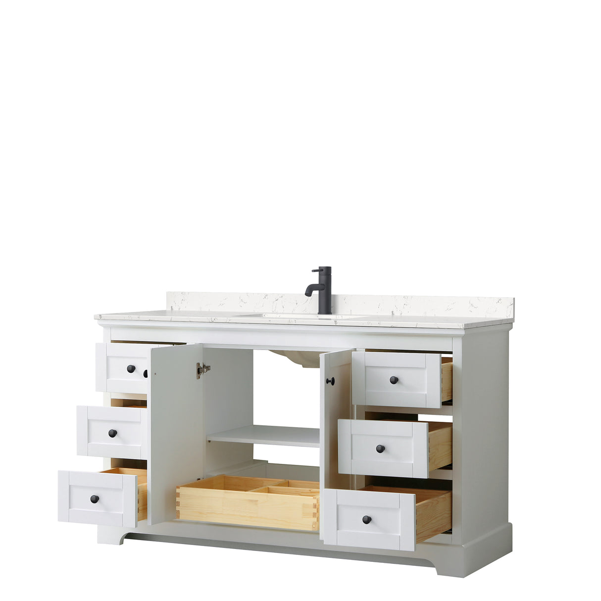 Avery 60 Inch Single Bathroom Vanity in White Carrara Cultured Marble Countertop Undermount Square Sink Matte Black Trim