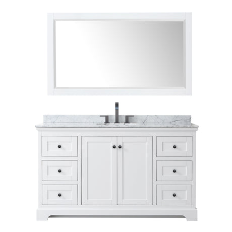 Avery 60 Inch Single Bathroom Vanity in White White Carrara Marble Countertop Undermount Oval Sink Matte Black Trim 58 Inch Mirror