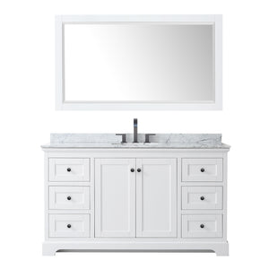 Avery 60 Inch Single Bathroom Vanity in White White Carrara Marble Countertop Undermount Oval Sink Matte Black Trim 58 Inch Mirror