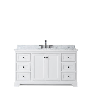 Avery 60 Inch Single Bathroom Vanity in White White Carrara Marble Countertop Undermount Oval Sink Matte Black Trim