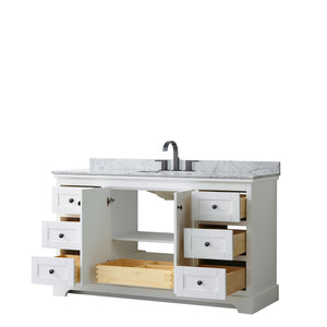 Avery 60 Inch Single Bathroom Vanity in White White Carrara Marble Countertop Undermount Oval Sink Matte Black Trim