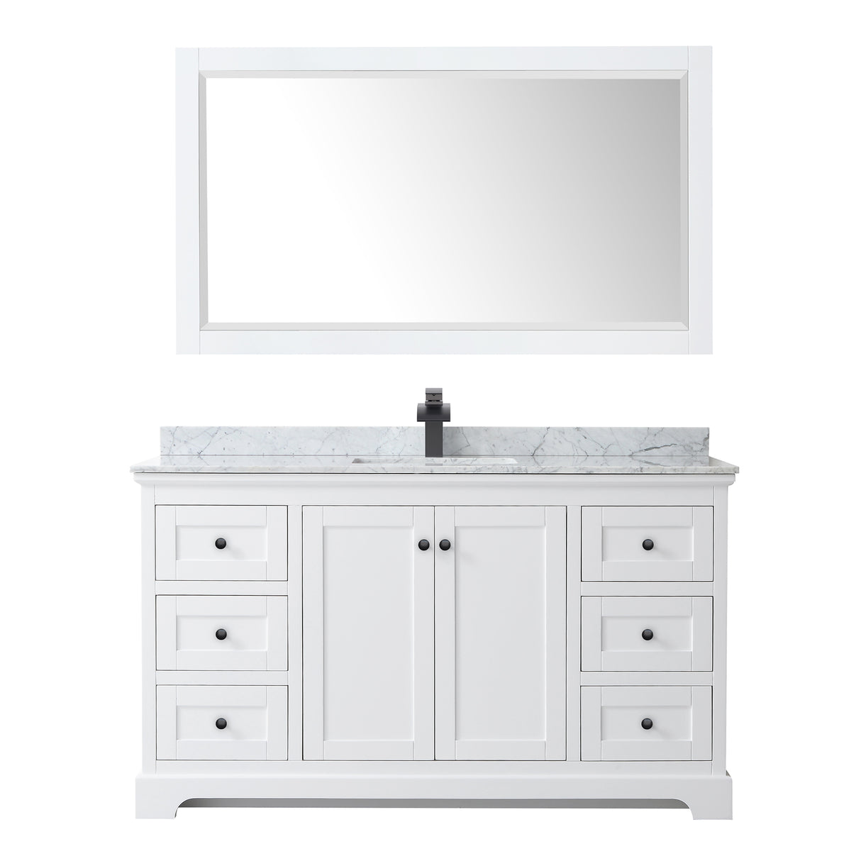 Avery 60 Inch Single Bathroom Vanity in White White Carrara Marble Countertop Undermount Square Sink Matte Black Trim 58 Inch Mirror