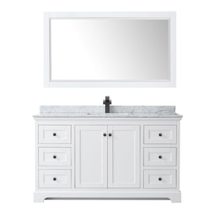 Avery 60 Inch Single Bathroom Vanity in White White Carrara Marble Countertop Undermount Square Sink Matte Black Trim 58 Inch Mirror