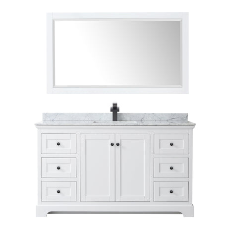 Avery 60 Inch Single Bathroom Vanity in White White Carrara Marble Countertop Undermount Square Sink Matte Black Trim 58 Inch Mirror