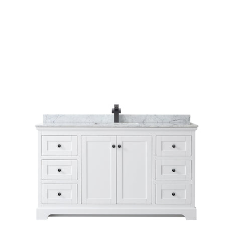 Avery 60 Inch Single Bathroom Vanity in White White Carrara Marble Countertop Undermount Square Sink Matte Black Trim