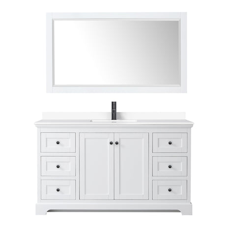 Avery 60 Inch Single Bathroom Vanity in White White Cultured Marble Countertop Undermount Square Sink Matte Black Trim 58 Inch Mirror