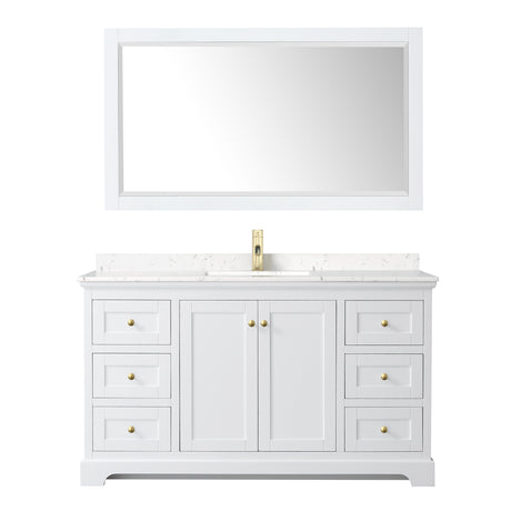 Avery 60 Inch Single Bathroom Vanity in White Carrara Cultured Marble Countertop Undermount Square Sink 58 Inch Mirror Brushed Gold Trim