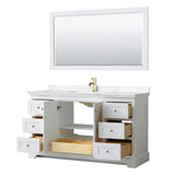 Avery 60 Inch Single Bathroom Vanity in White Carrara Cultured Marble Countertop Undermount Square Sink 58 Inch Mirror Brushed Gold Trim