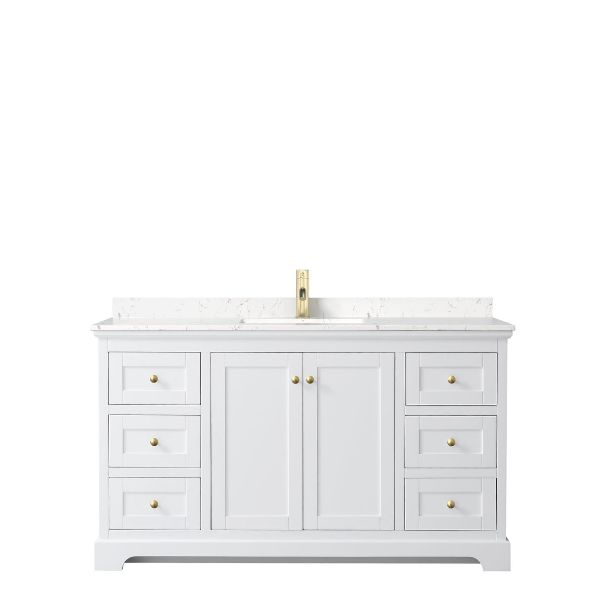 Avery 60 Inch Single Bathroom Vanity in White Carrara Cultured Marble Countertop Undermount Square Sink Brushed Gold Trim