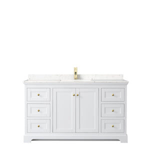 Avery 60 Inch Single Bathroom Vanity in White Carrara Cultured Marble Countertop Undermount Square Sink Brushed Gold Trim