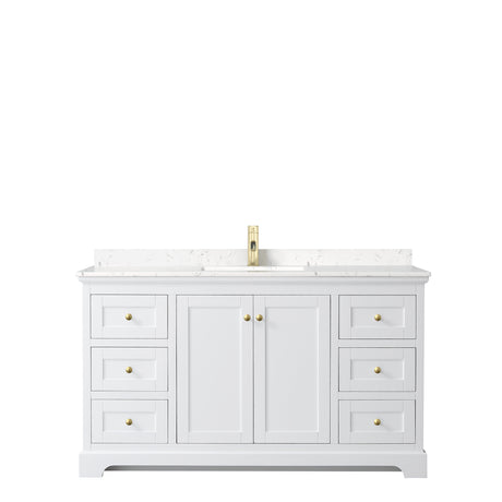 Avery 60 Inch Single Bathroom Vanity in White Carrara Cultured Marble Countertop Undermount Square Sink Brushed Gold Trim