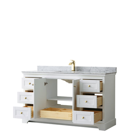 Avery 60 Inch Single Bathroom Vanity in White White Carrara Marble Countertop Undermount Square Sink Brushed Gold Trim