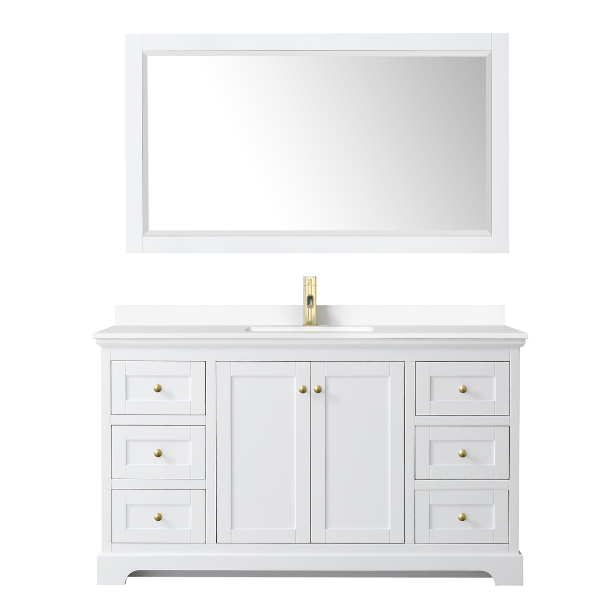 Avery 60 Inch Single Bathroom Vanity in White White Cultured Marble Countertop Undermount Square Sink 58 Inch Mirror Brushed Gold Trim