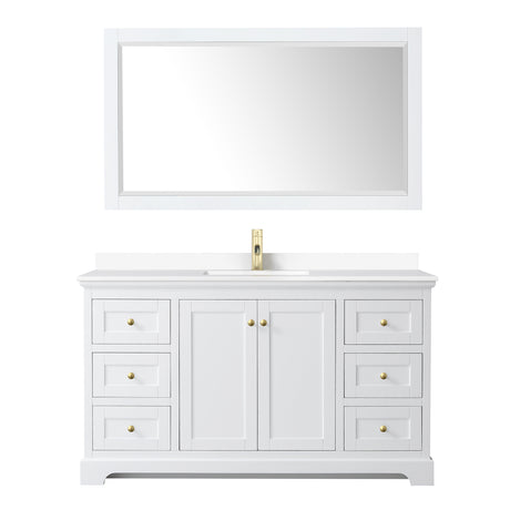 Avery 60 Inch Single Bathroom Vanity in White White Cultured Marble Countertop Undermount Square Sink 58 Inch Mirror Brushed Gold Trim
