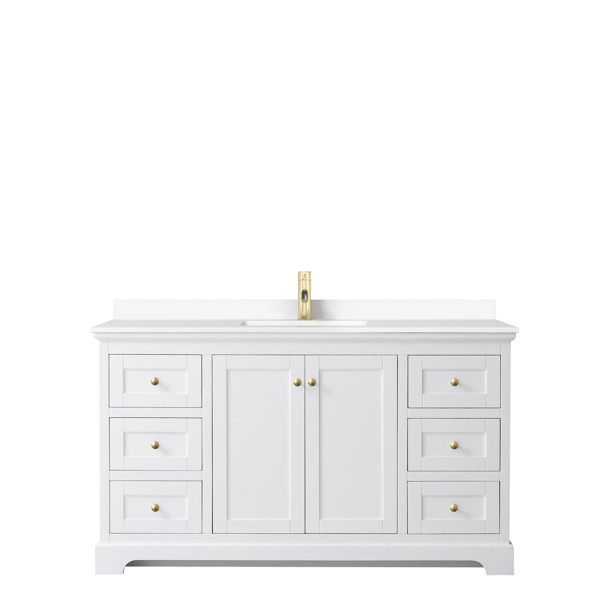 Avery 60 Inch Single Bathroom Vanity in White White Cultured Marble Countertop Undermount Square Sink Brushed Gold Trim