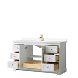 Avery 60 Inch Single Bathroom Vanity in White White Cultured Marble Countertop Undermount Square Sink Brushed Gold Trim