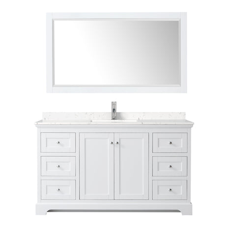 Avery 60 Inch Single Bathroom Vanity in White Carrara Cultured Marble Countertop Undermount Square Sink 58 Inch Mirror