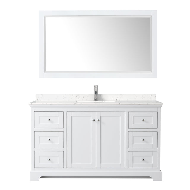 Avery 60 Inch Single Bathroom Vanity in White Carrara Cultured Marble Countertop Undermount Square Sink 58 Inch Mirror