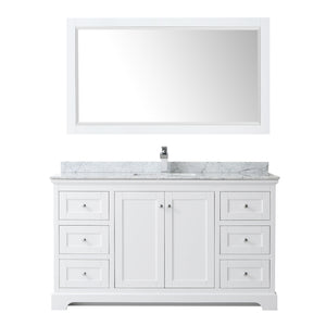 Avery 60 Inch Single Bathroom Vanity in White White Carrara Marble Countertop Undermount Square Sink and 58 Inch Mirror