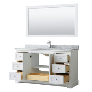 Avery 60 Inch Single Bathroom Vanity in White White Carrara Marble Countertop Undermount Square Sink and 58 Inch Mirror
