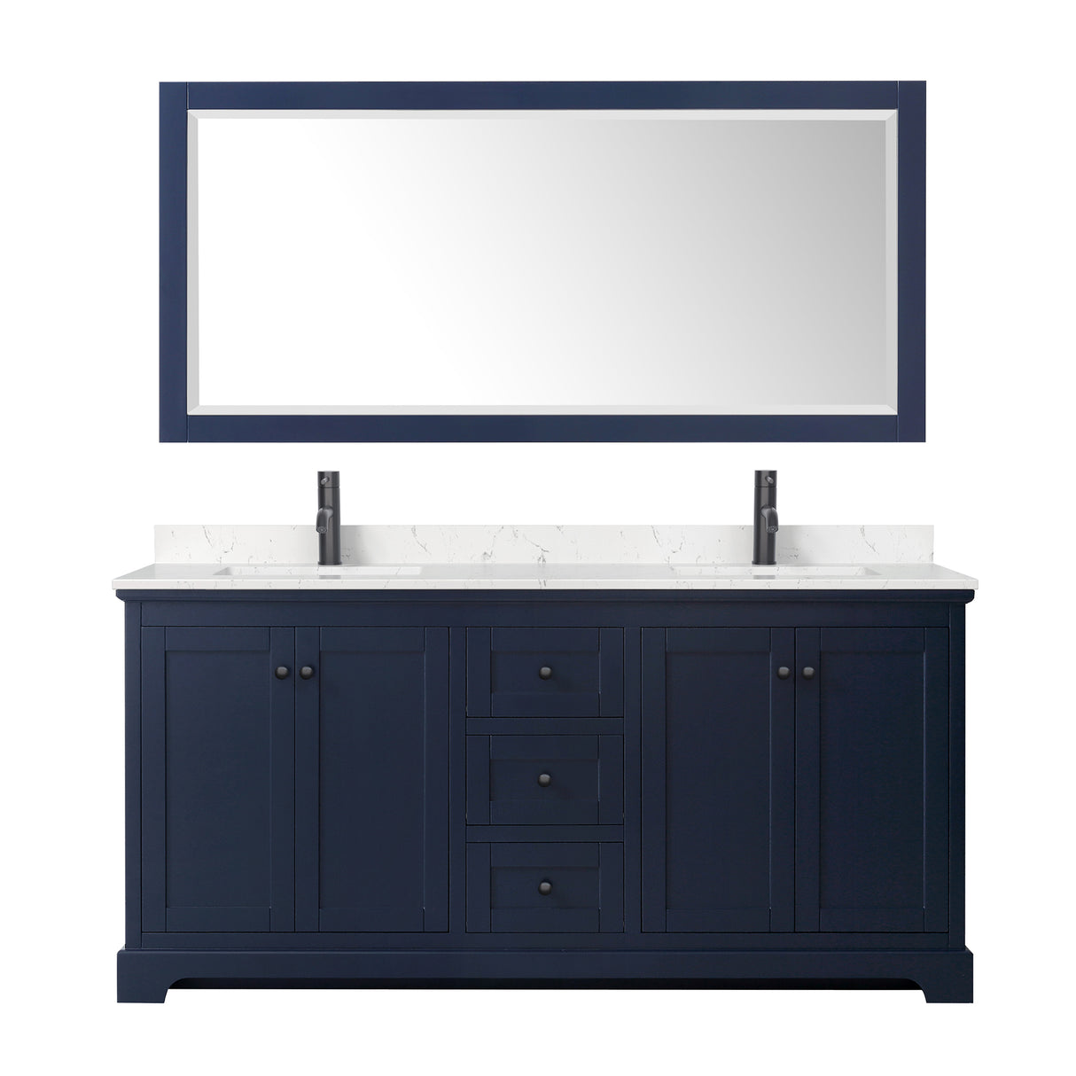 Avery 72 Inch Double Bathroom Vanity in Dark Blue Carrara Cultured Marble Countertop Undermount Square Sinks Matte Black Trim 70 Inch Mirror
