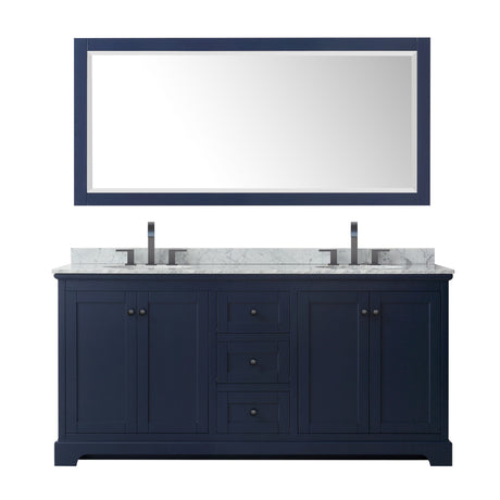 Avery 72 Inch Double Bathroom Vanity in Dark Blue White Carrara Marble Countertop Undermount Oval Sinks Matte Black Trim 70 Inch Mirror