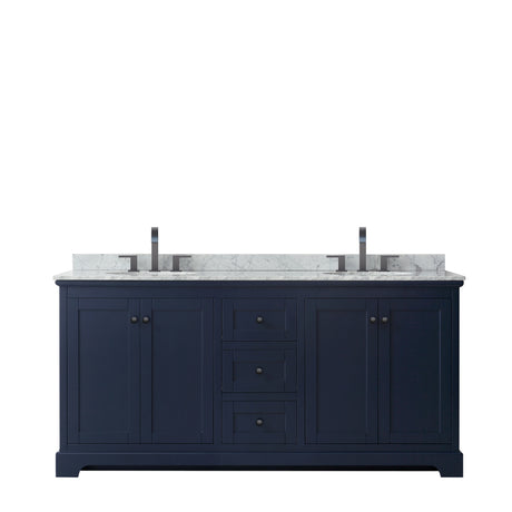Avery 72 Inch Double Bathroom Vanity in Dark Blue White Carrara Marble Countertop Undermount Oval Sinks Matte Black Trim