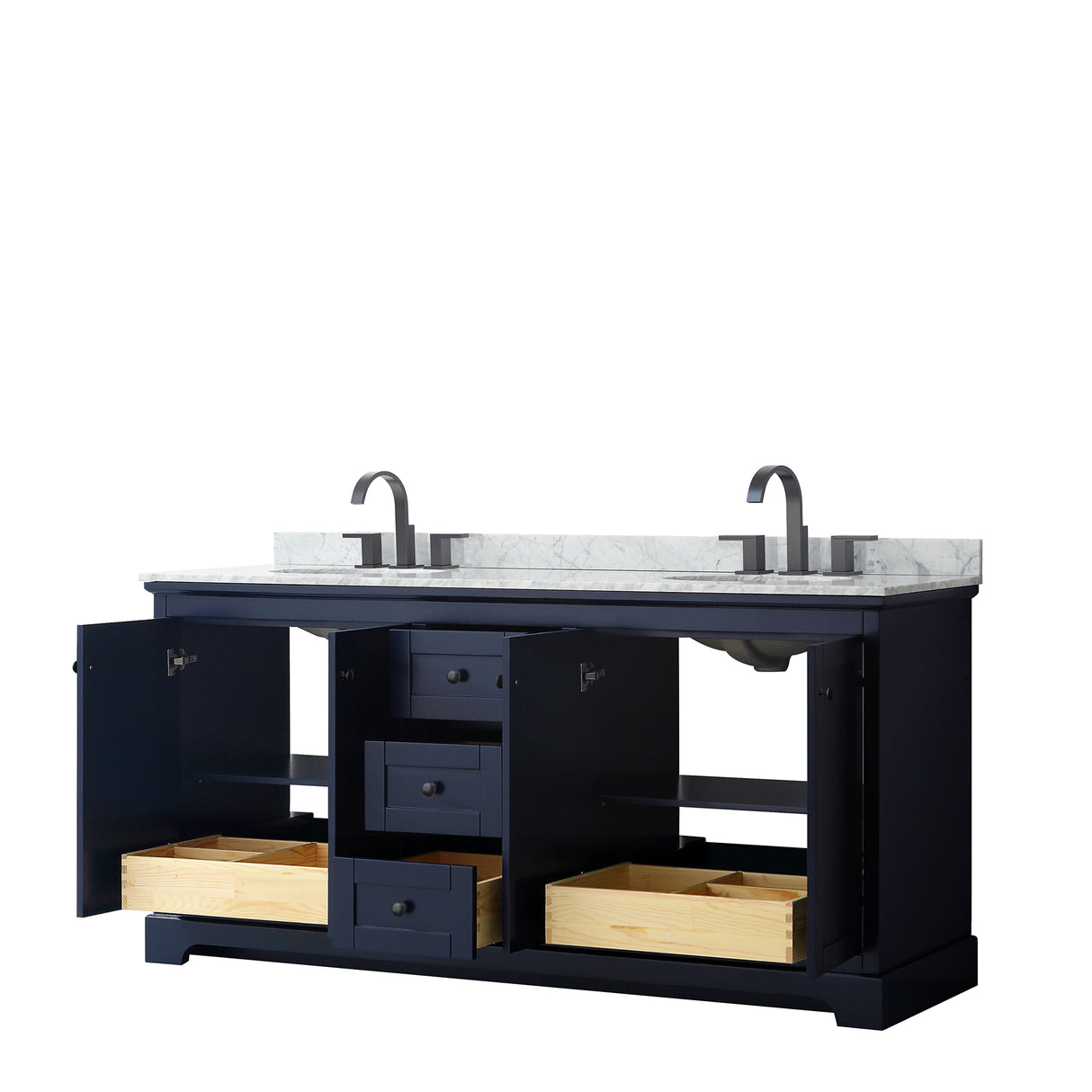 Avery 72 Inch Double Bathroom Vanity in Dark Blue White Carrara Marble Countertop Undermount Oval Sinks Matte Black Trim