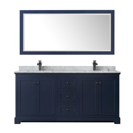 Avery 72 Inch Double Bathroom Vanity in Dark Blue White Carrara Marble Countertop Undermount Square Sinks Matte Black Trim 70 Inch Mirror