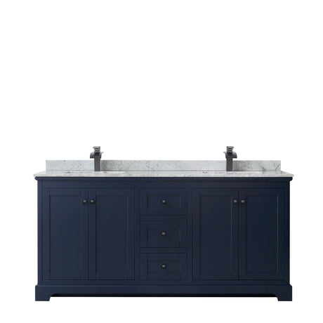 Avery 72 Inch Double Bathroom Vanity in Dark Blue White Carrara Marble Countertop Undermount Square Sinks Matte Black Trim