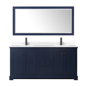 Avery 72 Inch Double Bathroom Vanity in Dark Blue White Cultured Marble Countertop Undermount Square Sinks Matte Black Trim 70 Inch Mirror