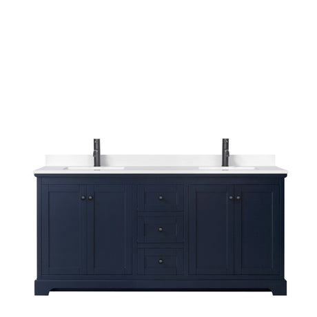 Avery 72 Inch Double Bathroom Vanity in Dark Blue White Cultured Marble Countertop Undermount Square Sinks Matte Black Trim